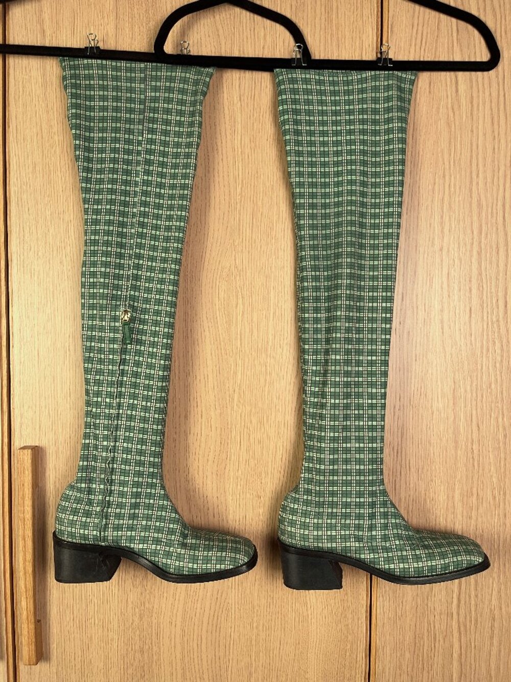 Suzanne Rae Green Plaid Thigh-High Boots, Size 39 - Made in Italy, Side Zip - Picture 2 of 14